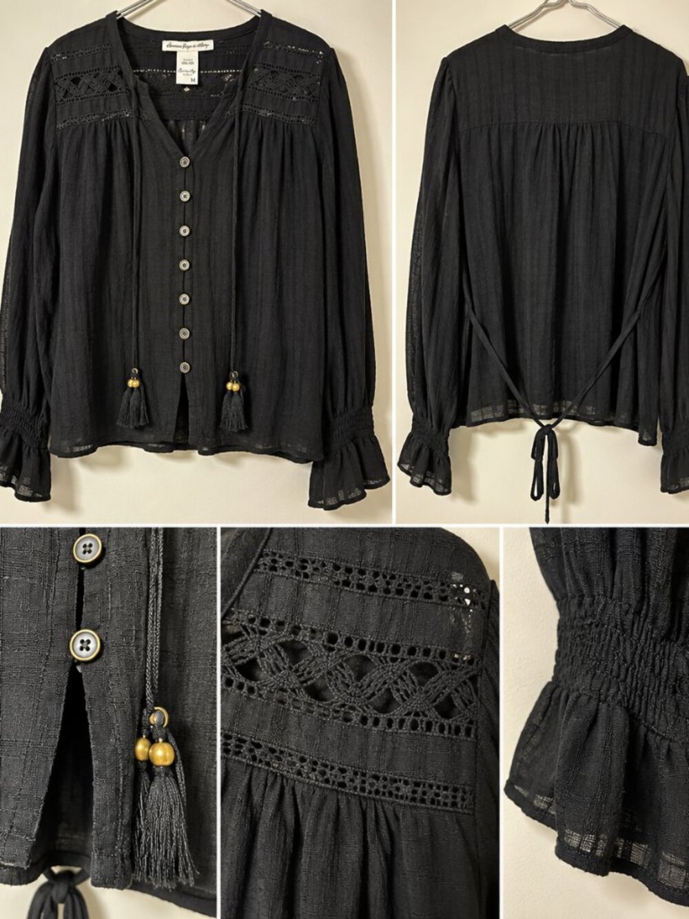 American Rag Cie Black Boho Blouse M Crochet Lace Tassel Bell Sleeve Whimsigoth